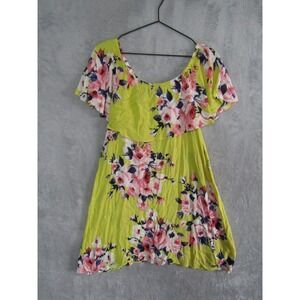MY BELOVED Floral Ruffle Mini Dress Lime Green Pink Roses Short Sleeve Sz Medium